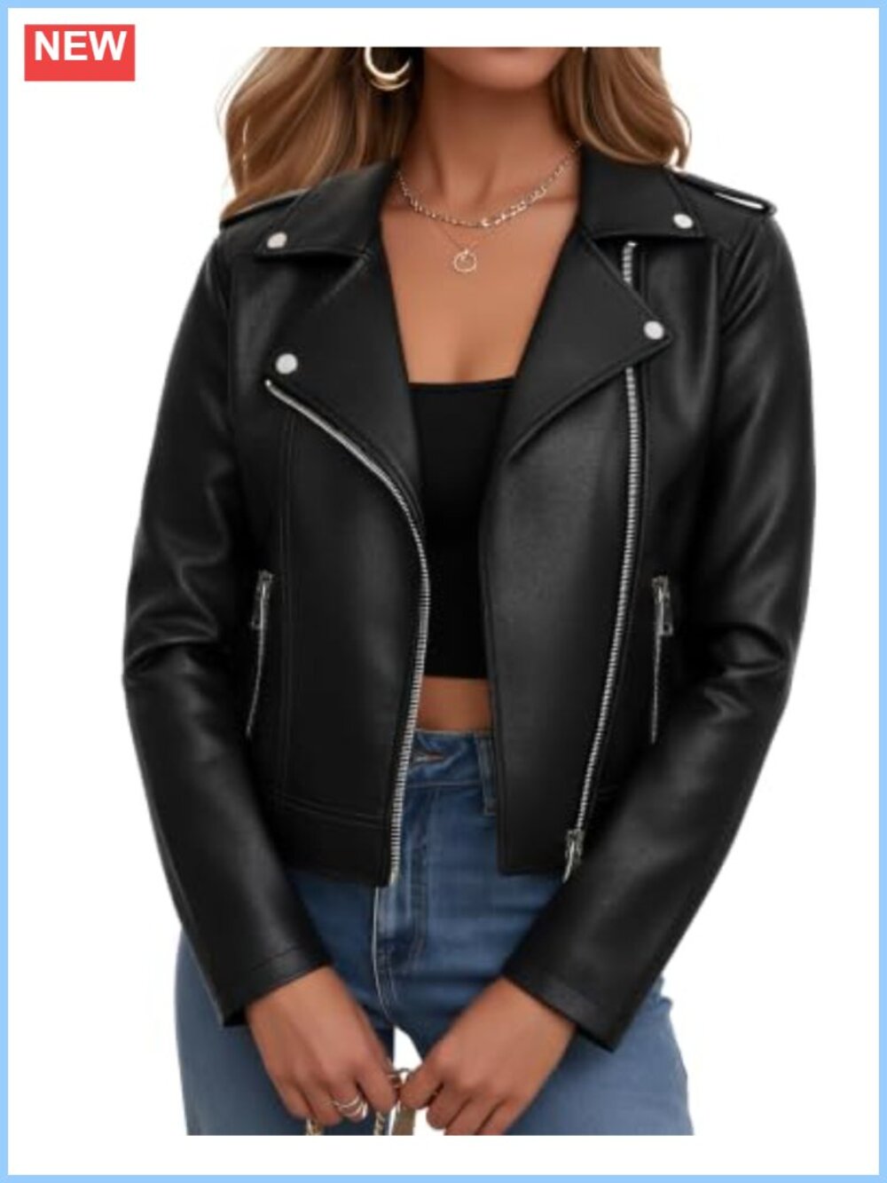 Women Faux Leather Cropped Moto Jacket with Asymmetrical Zip